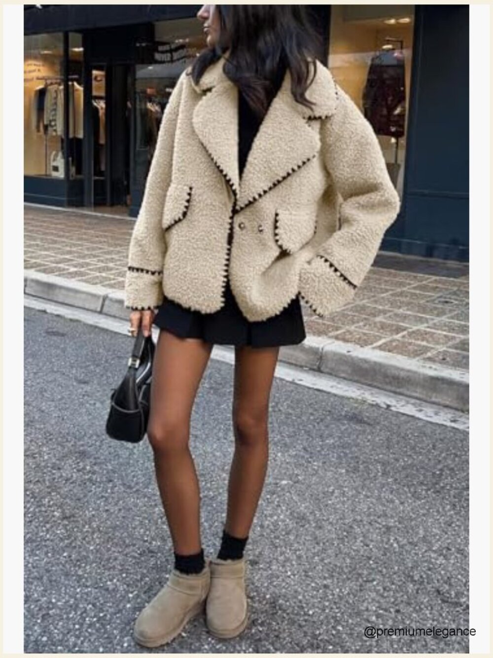 Fuzzy Fleece Embroidered Jacket Notch Lapel Winter Faux Fur Sherpa Coat - Picture 4 of 5